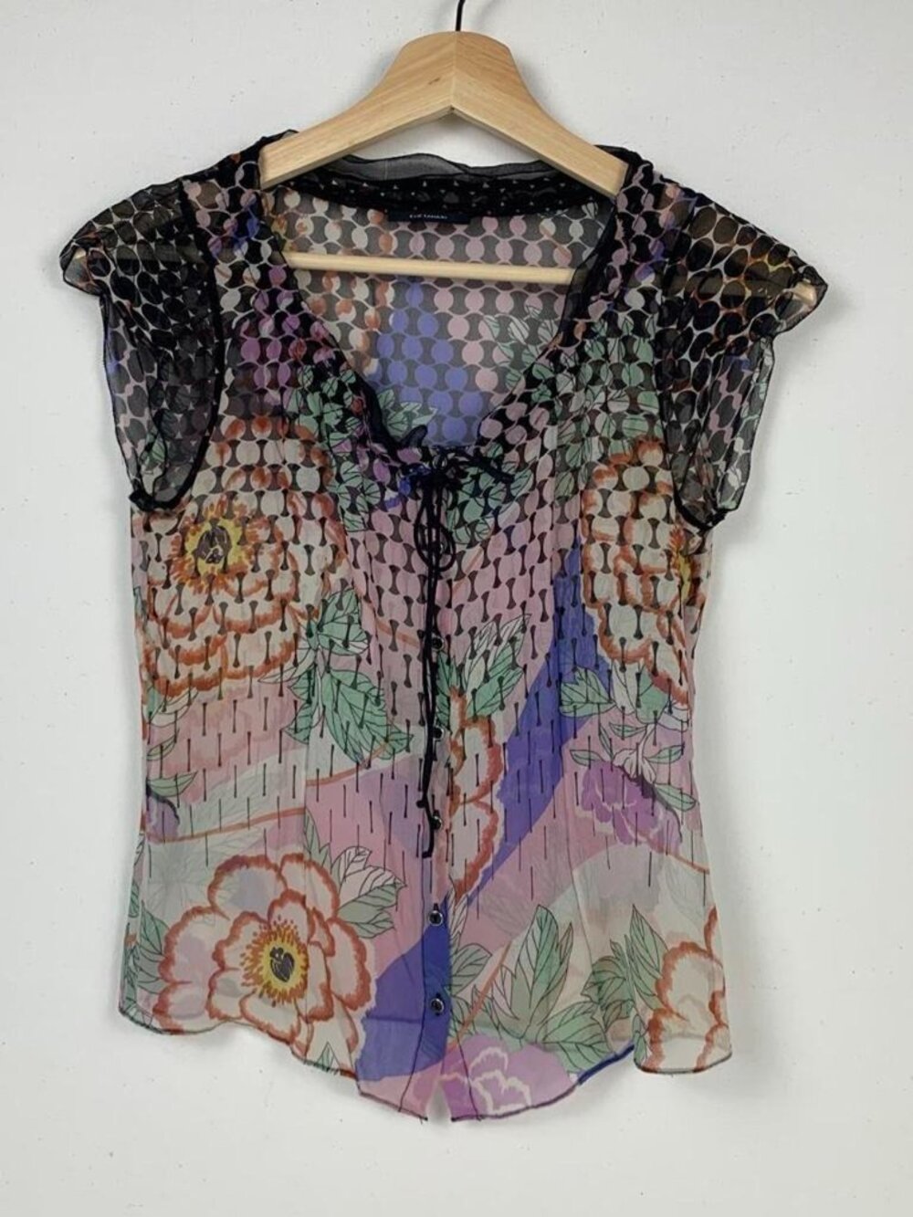Elie Tahari Silk Sheer Floral Blouse - Purple & Green Cottagecore Elegance - Picture 5 of 7